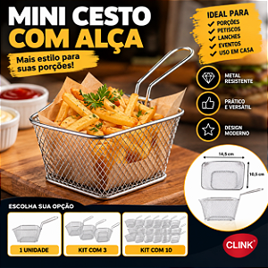 Mini Cesto com Alça para Porções e Petiscos 14,5x10,5cm | Inox | Cesto de Fritura | Decoração e Serviço de Mesa