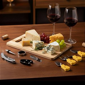 KIT Degustação Vinho e Queijo – 10 Peças | Kit Completo Sommelier & Queijeiro | 1 Tabua para Queijo | 5 acessorios para vinho | 4 facas para queijo | Presente Perfeito