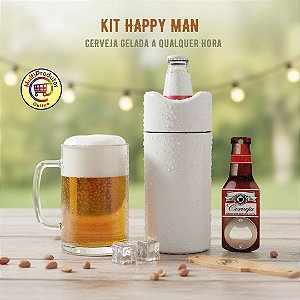 KIT Happy Men - 1 Porta Garrafa Térmico 600ml + 1 Abridor de Garrafa + 1 Caneca Chopp 500ml Acrílico | Presente Masculino | Amantes de Cerveja | Cervejeiros | Presente Criativo | Amigo Secreto