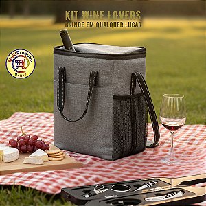 KIT WINE LOVERS | 1 Bolsa Térmica para 6 Garrafas de Vinho + 5 Peças de Utensílios Sommelier em Formato de Garrafa | Ideal para Presentear, Eventos | Amigo Secreto | Presente Criativo