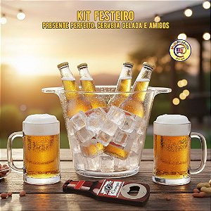 KIT FESTEIRO | 1 Balde de Gelo 4l + 2 Canecas Chopp 500ml Acrílico + 1 Abridor de Cerveja Magnético | Para Churrasco, Festa, Bar, Presente Criativo