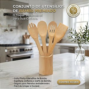 Conjunto de Utensílios de Cozinha em Bambu Premium com Suporte – 5 Peças | Colheres, Espátula, Garfo + Suporte