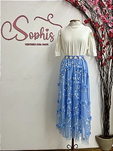 Saia Tule Flor - Azul