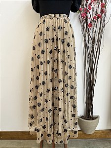 Saia Tule Flor Preta - Marrom