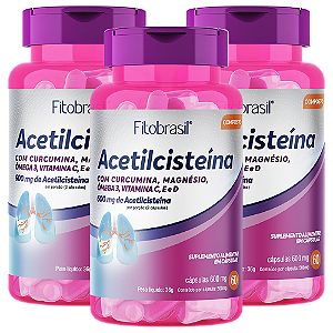 Acetilcisteína + Curcumina, Magnésio, Vitamina C, Vitamina E e Vitamina D – kit com 3 frascos 60 cápsulas de 600mg
