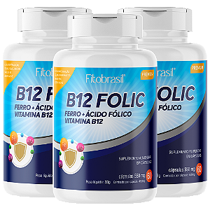 B12 Folic kit com 3 unidades (Ácido Fólico, Vitamina B12 e Ferro) - 60 Cáps - 550mg