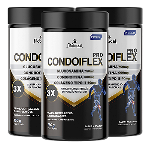 Condoiflex Pro kit com 3 (Glucosamina 750mg, Condroitina 600mg e Colágeno Tipo II 40mg) 150g - Sabor Morango