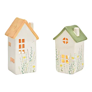 PRÉ VENDA - Porta-Velas Casa com Decoração Floral – Cerâmica