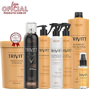 Kit Trivitt Shampoo 1L, Hidratação 1kg, Cauterização, Brilho, Reparador, Fluido e O Segredo do Cabelereiro