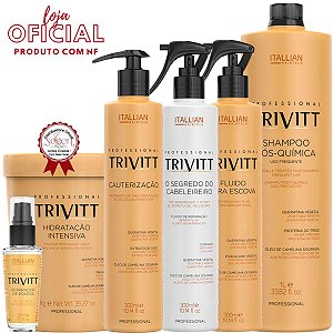 Kit Trivitt Shampoo 1L, Hidratação 1kg, Fluido, Cauterizacao, Reparador e O Segredo do Cabelereiro