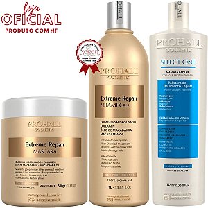 Prohall Realinhamento Select One Sinérgico 1l, Máscara profissional de nutrição Extreme Repair 500gr e Shampoo profissional 1l