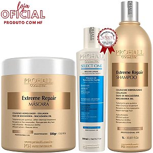 Prohall Realinhamento Select One Sinérgico 300ml, Máscara profissional de nutrição Extreme Repair 500gr e Shampoo 1l