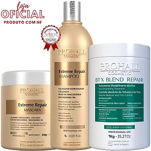 Prohall Botox Blend Repair 1kg Sem Formol, Máscara profissional de nutrição Extreme Repair 500gr e Shampoo profissional 1l