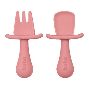 Kit Talheres Silicone Garfo + Colher Introdução Alimentar Rosa Buba