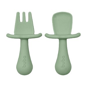 Kit Talheres Silicone Garfo + Colher Introdução Alimentar Verde Buba