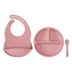 Kit Refeição Pratinho Ventosa Babador Colher Silicone Buba Rosa