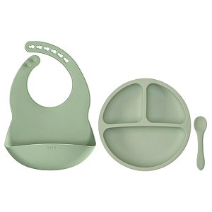 Kit Refeição Pratinho Ventosa Babador Colher Silicone Buba Verde