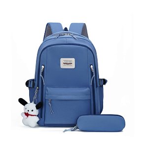 Mochila Escolar Grande Estilo Coreana com Estojo e Ursinho ( 6617 )
