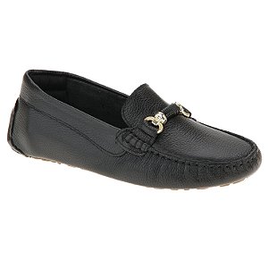 Mocassim Feminino Couro Enfeite Preto e Ouro Confortável