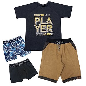 Kit Camiseta Bermuda + Cuecas Boxer Infanto Juvenil Menino