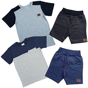 Kit 2 Bermudas Moletinho Jeans e 2 Camisetas Cores variadas