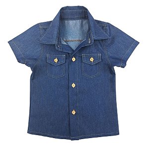 Camisa Jeans Manga Curta Botões Azul Infantil Juvenil Menino