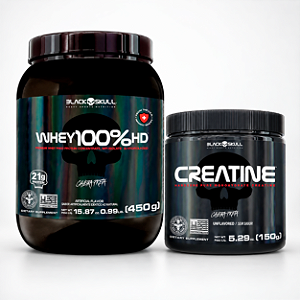 COMBO - Whey 100% Hd Pote 450g Morango + Creatina Pote 150g - Black Skull