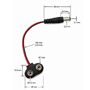 10x Cabo Clips Para Bateria 9v C/ Adaptador Entrada P4 Macho