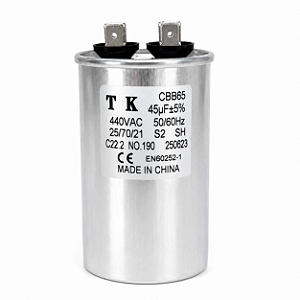 CAPACITOR PPM 45UF 440V FAST-ON CBB65 CANECA METÁLICA E BASE LISA TK