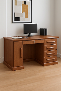 Escrivaninha Clássica de Madeira com 1 Porta, 4 Gavetas e Gaveta com Chave