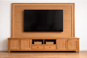 Rack com Painel para TV em Madeira com Detalhes em Palha