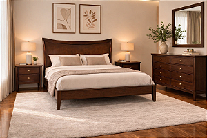 Conjunto de Dormitório Clássico Premium com Cama, 2 Mesas de Cabeceira e Cômoda em Madeira