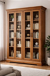 Livreiro Cristaleira 4 Portas com Vidro em Madeira Maciça