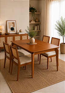 Conjunto Mesa Retangular com 4 Cadeiras de Palha