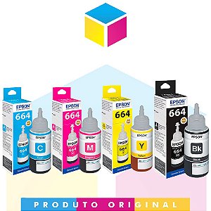 Kit Tinta Epson 664 original Ciano + Tinta Epson 664 original Magenta + Tinta Epson 664 original Amarelo + Tinta Epson 664 original Preto | L 200 L 210 L 110 L 355 L 555 L 455 L 365 L 395 L 220 | 70ml