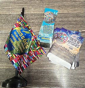 Kit Culto de Missões Igreja 1 - 100 Marcadores + 100 Folhetos + 1 Bandeira de Mesa