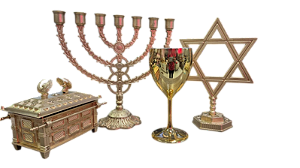 Kit Altar Judaico Messianico: Menorah 25cm, Arca da Aliança 18cm, Estrela de Davi e Taça