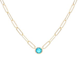 COLAR CRISTAL TOPÁZIO AZUL REDONDO BANHADO A OURO