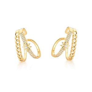 PIERCING DE ORELHA EAR HOOK COM ESTRELA BRANCO BANHADO A OURO