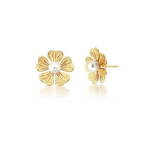 BRINCO DE FLOR COM PÉROLA SHELL BANHADO A OURO
