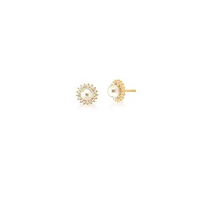 BRINCO PEROLA + ZIRCONIA CONTORNO REDONDO BANHADO A OURO