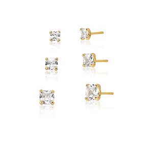 KIT TRÊS PARES DE BRINCO COM CRISTAIS QUADRADOS BANHADO A OURO