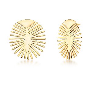 BRINCO OVAL FOLHA ESPETADA LISO BANHADO A OURO