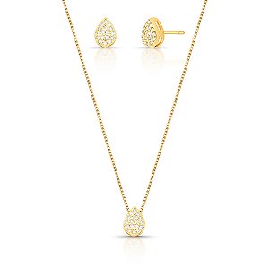 CONJUNTOS COM PINGENTE ZIRCONIA GOTA ABAULADO BANHADO A OURO - TAM 45