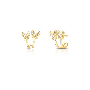 BRINCO MEDIO ZIRCONIA 2 BORBOLETAS BANHADO A OURO