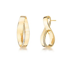 BRINCO CURVO LISO E CRAVEJADO BANHADO A OURO