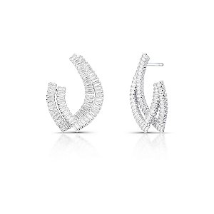 BRINCO MEDIO PEDRA RETANGULAR BAGUETE 2 COLUNA BANHADO A RODIO