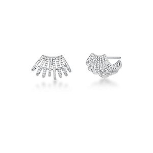 BRINCO MEIA ARGOLA ZIRCONIA 8 COLUNA CURVO VAZADO BANHADO A RODIO