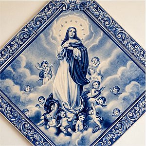 Painel Mosaico Nossa Senhora da Conceição Losango estilo Português Arte Sacra 60x60cm - 100% Azulejo Personalizado Para Casas Capelas Igrejas Templos