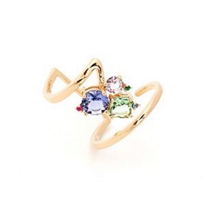 Anel aberto com cristais london blue, tanzanita, ametista verde.  Banho 18k.